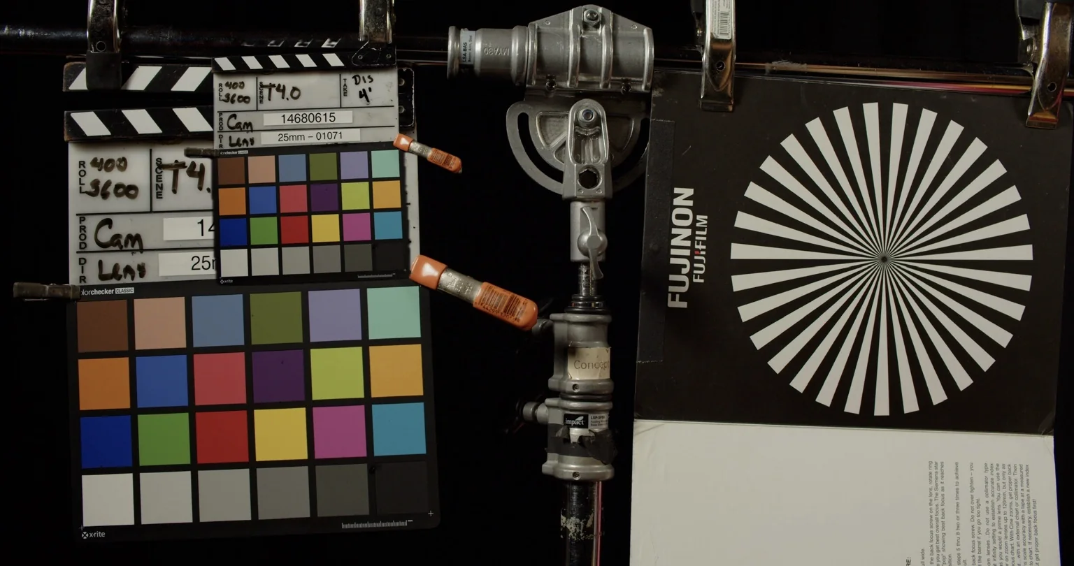 Film camera test charts and Fujifilm reference material from a photochemical workflow