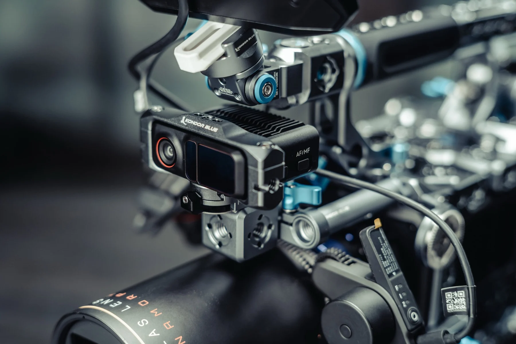 A cinema camera rig configured with professional accessories